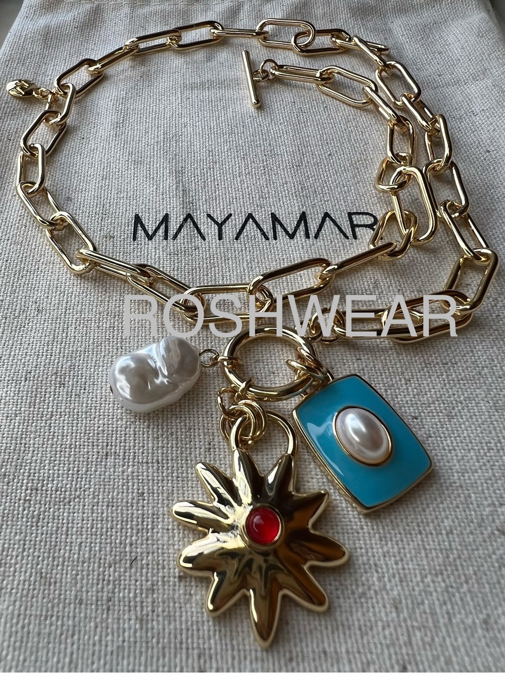 Gold-Link Charm Necklace with Faux Turquoise, Pearl & Red Accents NWOT - Picture 5 of 8